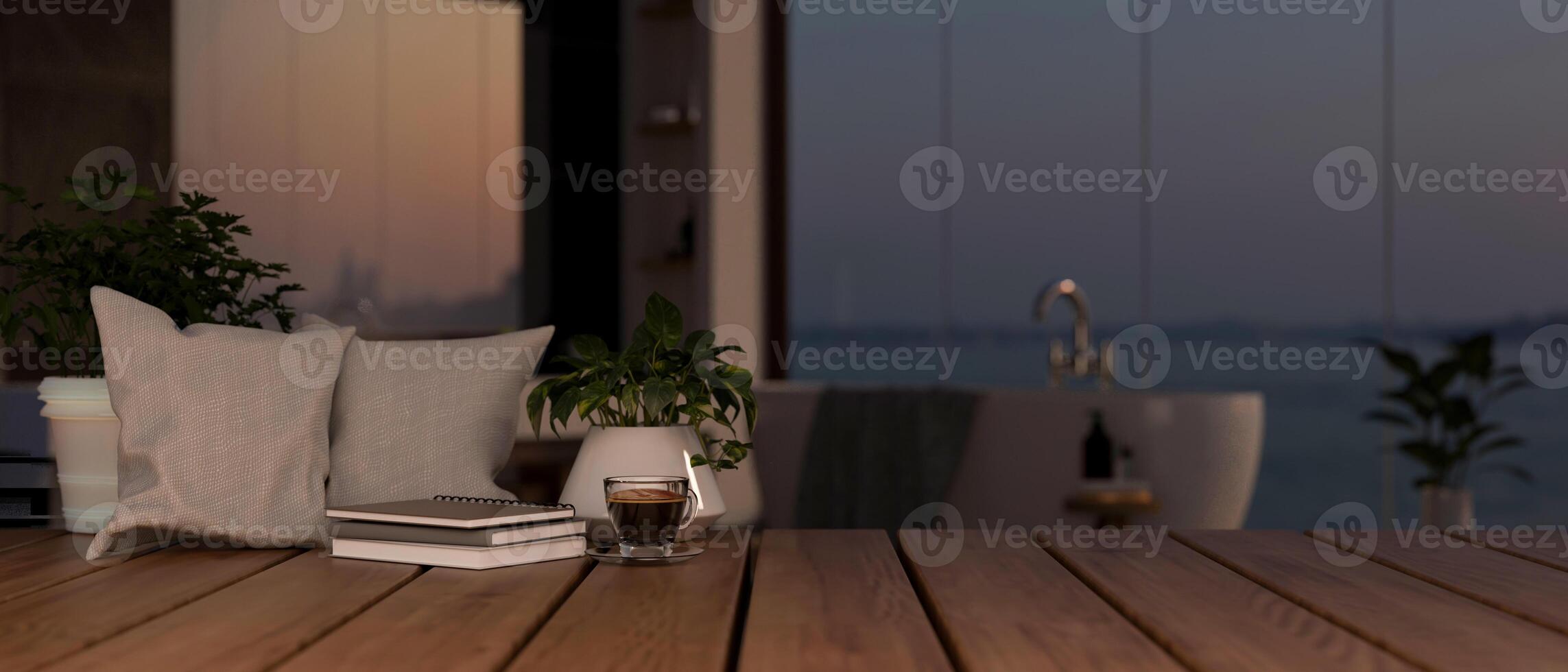 A space on a wooden table for displaying products in a modern, luxurious bathroom at nighttime. photo