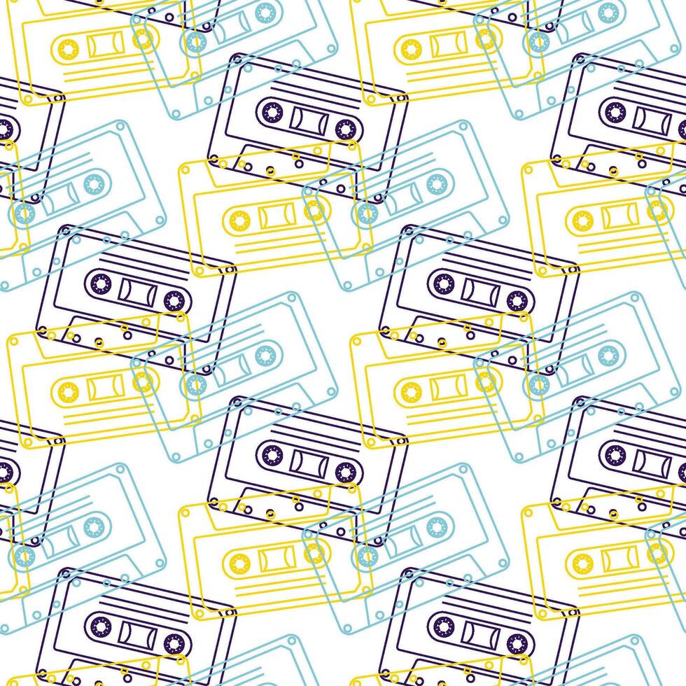 90s retro elements. Seamless pattern of cassettes with audio tapes. Aesthetics of the 90s. Line art graphics vector