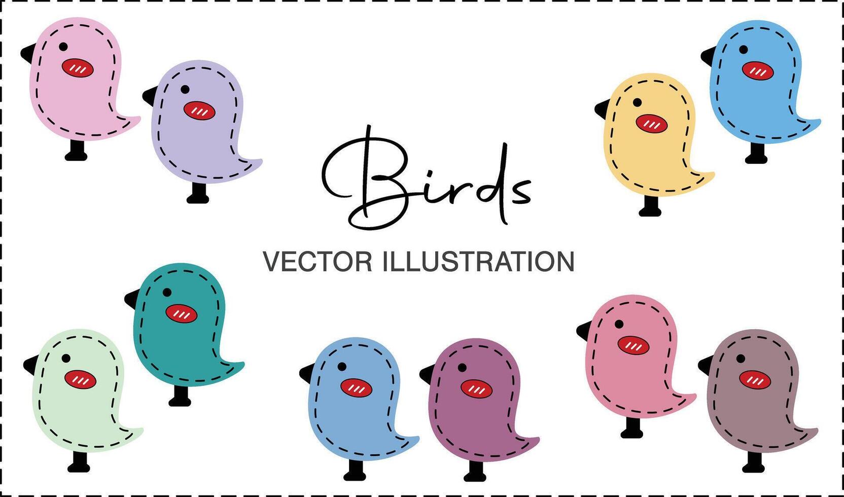 Set of colorful cute birds in pastel spring colors isolated on white background. vector