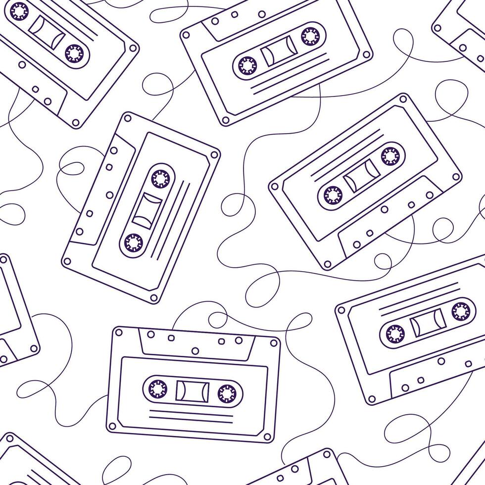 90s retro elements. Seamless pattern of cassettes with audio tapes. Aesthetics of the 90s. Line art graphics vector