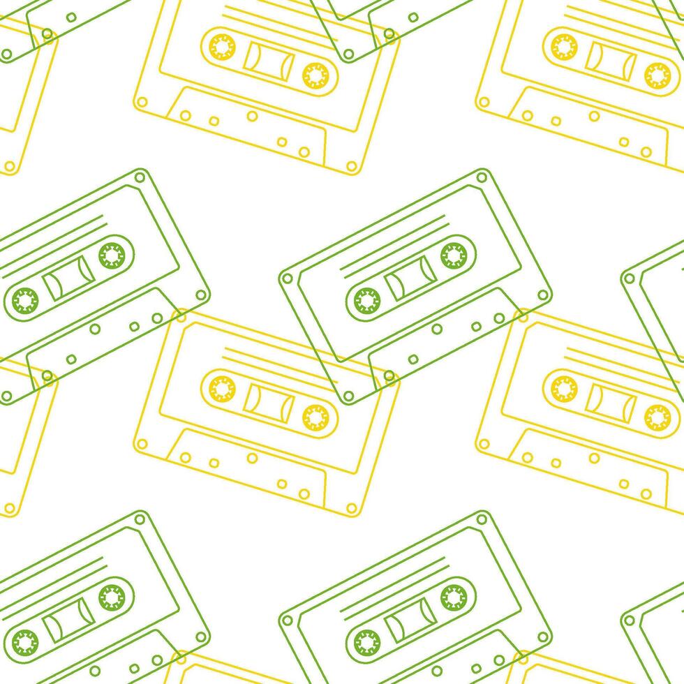 90s retro elements. Seamless pattern of cassettes with audio tapes. Aesthetics of the 90s. Line art graphics vector