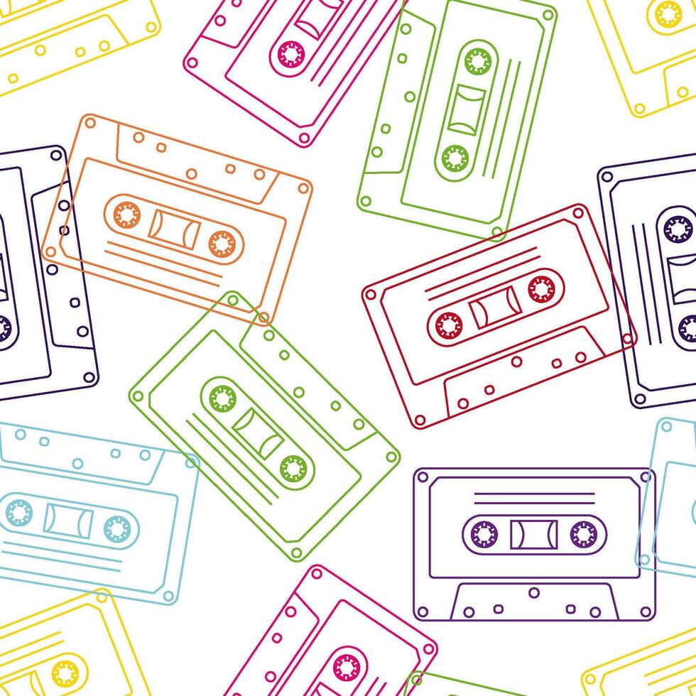 90s retro elements. Seamless pattern of cassettes with audio tapes. Aesthetics of the 90s. Line art graphics vector
