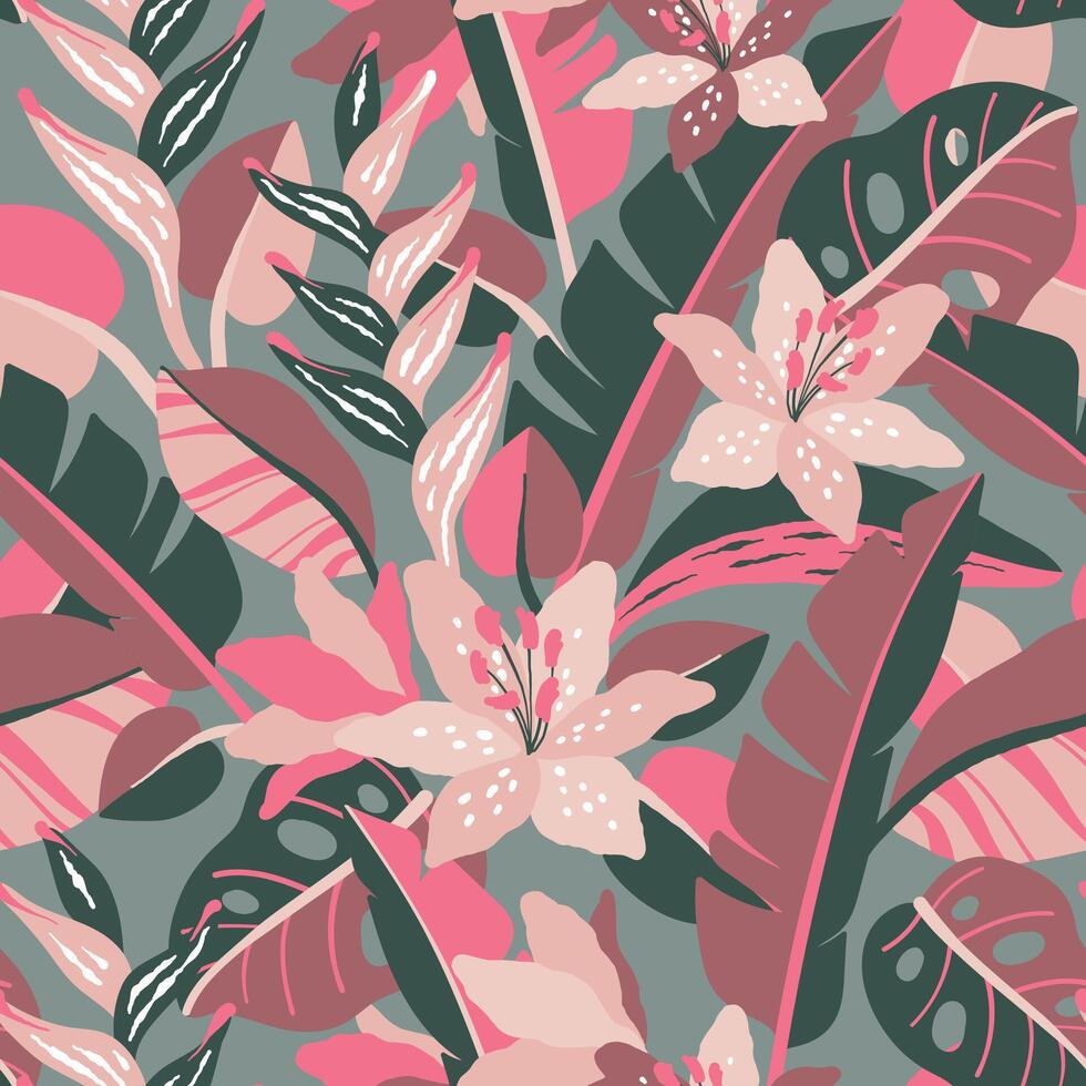 Seamless abstract pattern with Tropical leaves, lily flowers. vector