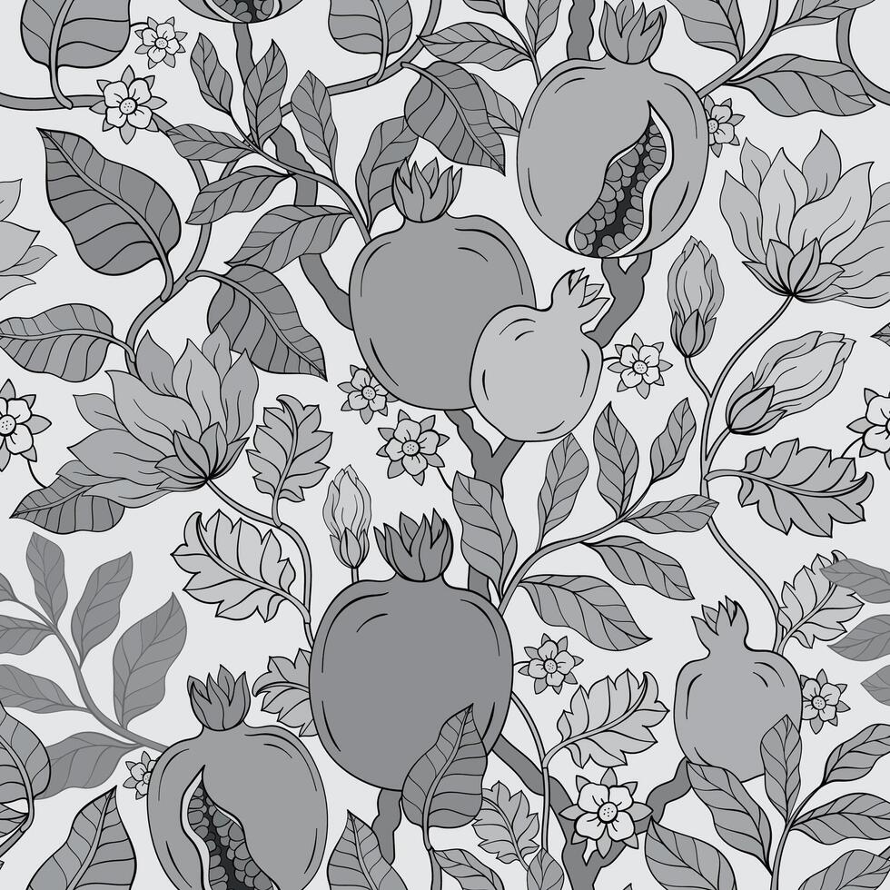 Monochrome Pomegranate Garnet leaf and flowers pattern. Red garnet seamless pattern. Pomegranate Garnet fruit. vector