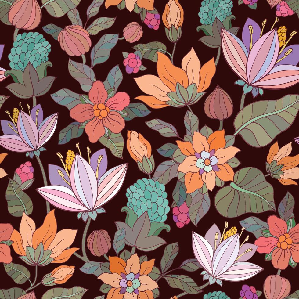 Blooming meadow seamless pattern. Dark background. A lot of different flowers on the field. vector