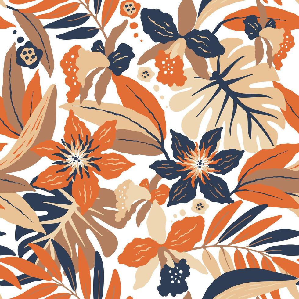 Seamless abstract pattern with Tropical leaves, lily flowers. Jungle plants design. vector