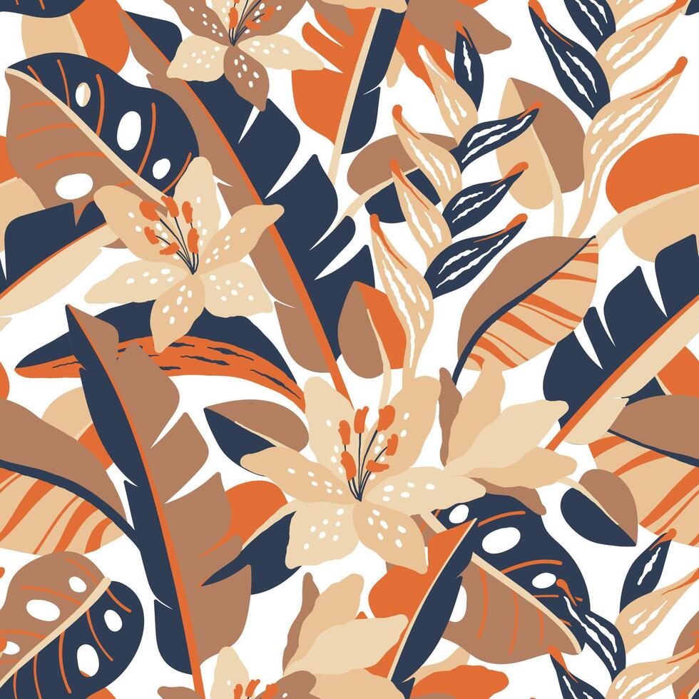 Seamless abstract pattern with Tropical leaves, lily flowers. Jungle plants design. modern fillustration. vector