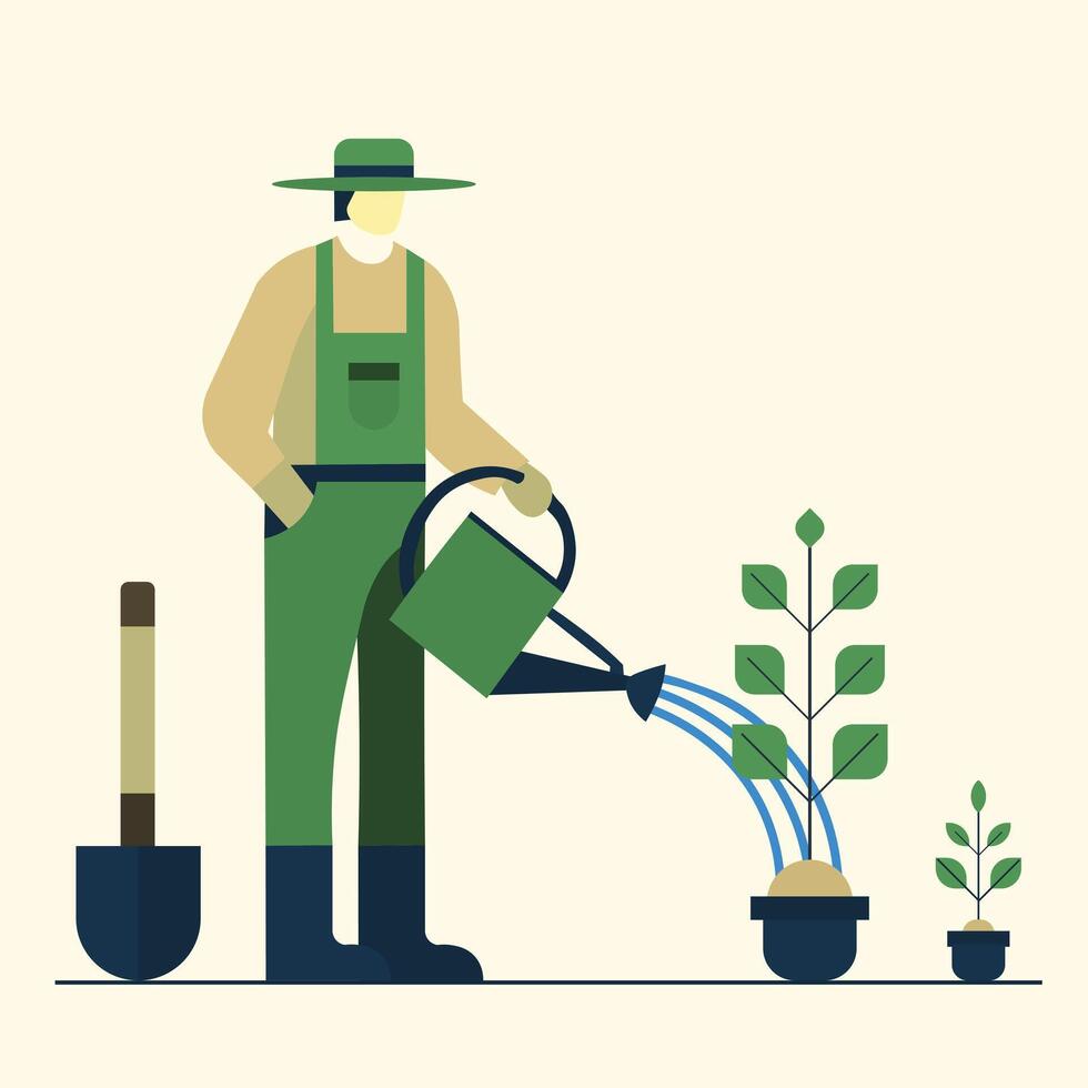 Gardener Watering Plants Illustration, Minimalist Flat Character Design vector