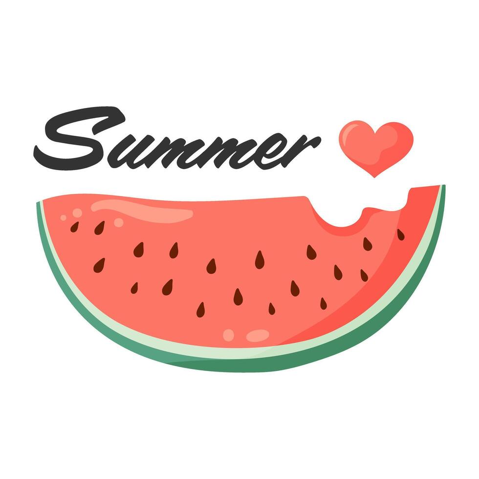 Watermelon slice with vibrant green rind and red flesh with black seeds with small heart and Summer lettering. Flat illustration for postcard, greeting card, invitation, seasonal print, poster vector