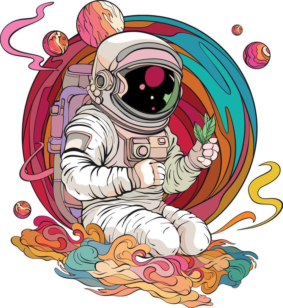 astronaut holding a plant in his hand against the backdrop of the planet, star clouds, space vector