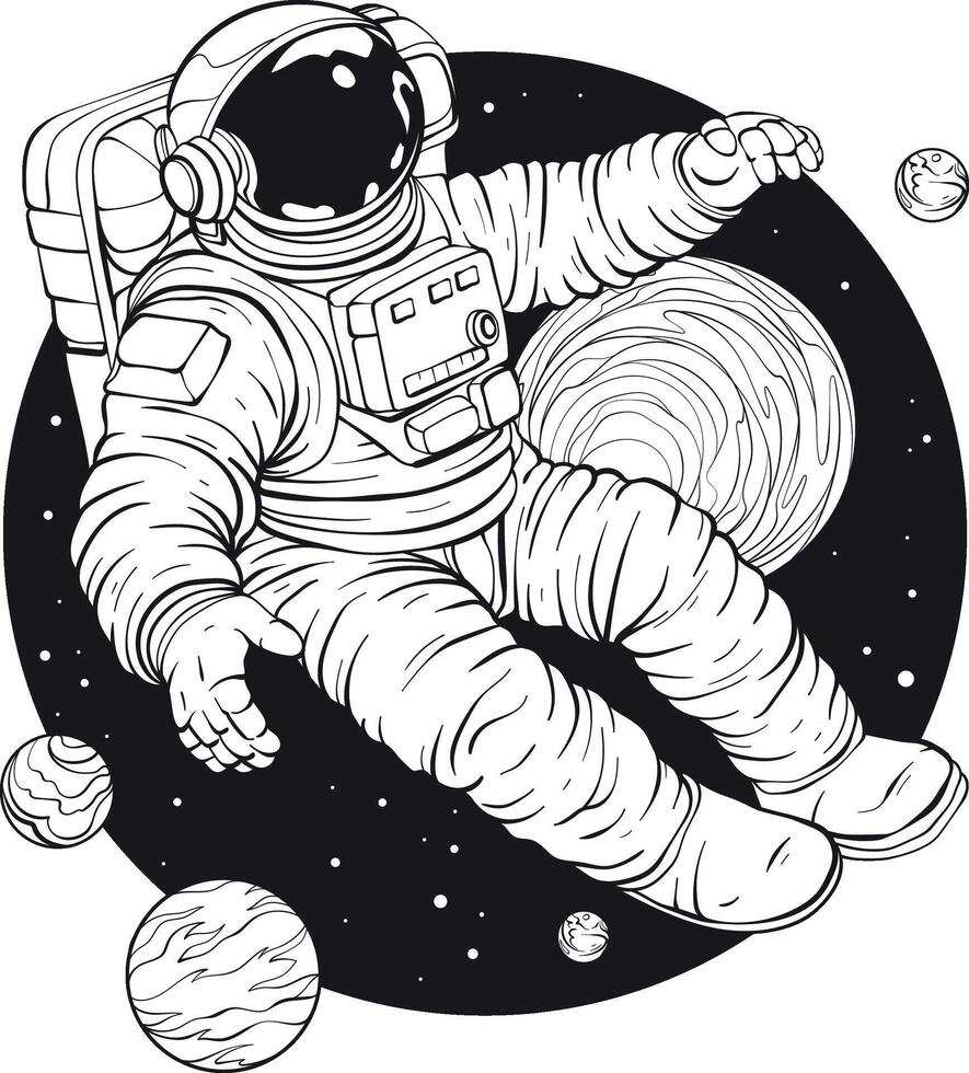 Black and white Astronaut in a space suit is flying against space next to planets and stars. vector