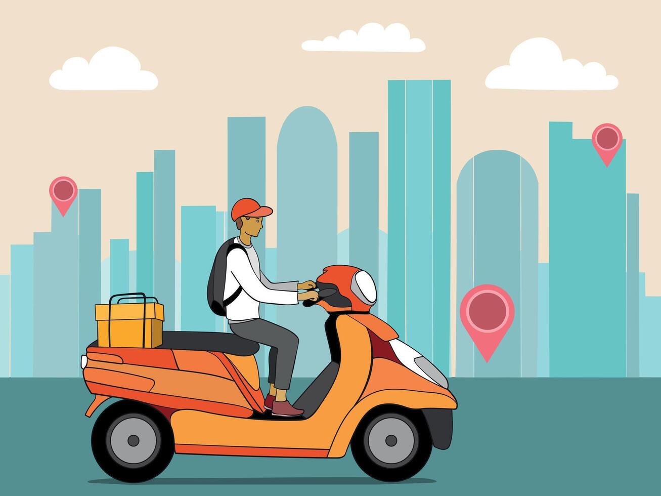 Goods delivery service. Fast delivery by scooter in the city vector