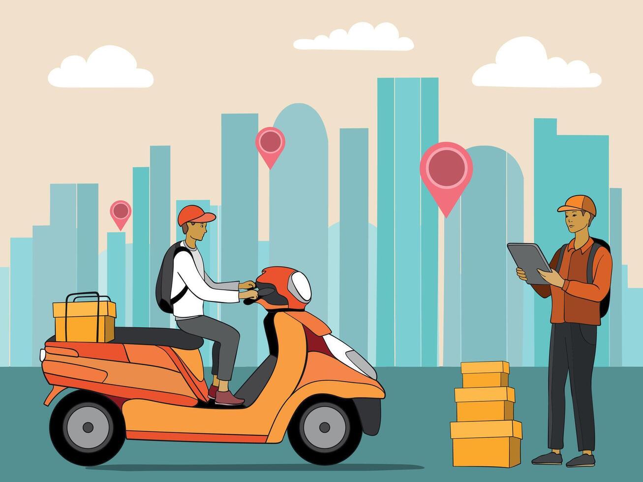 Fast and free delivery by scooter in the city. Goods delivery service. vector