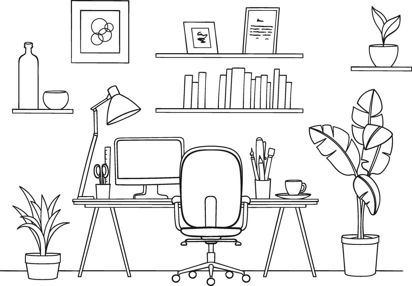 Workplace room, modern Interior, cabinet. Office with computer. Outline illustration in sketch style. vector