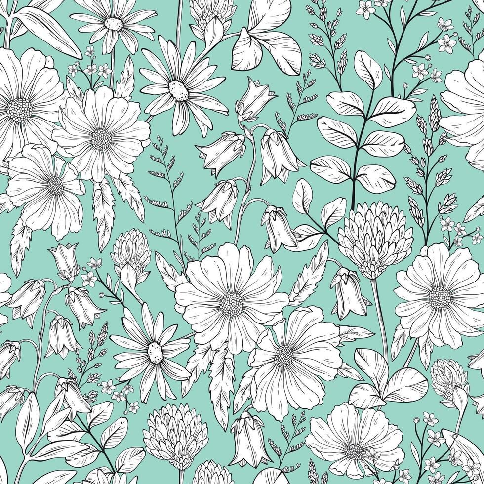 Seamless pattern of different wild herbs and flower or treatment plants in realistic, natural style. Black and white on green background vector