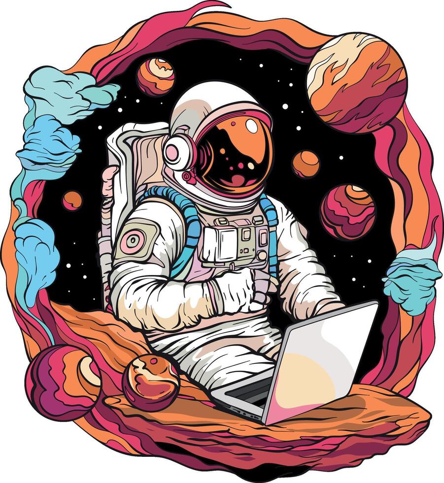 Astronaut in spacesuit working using laptop computer. Universe with planets in the background vector