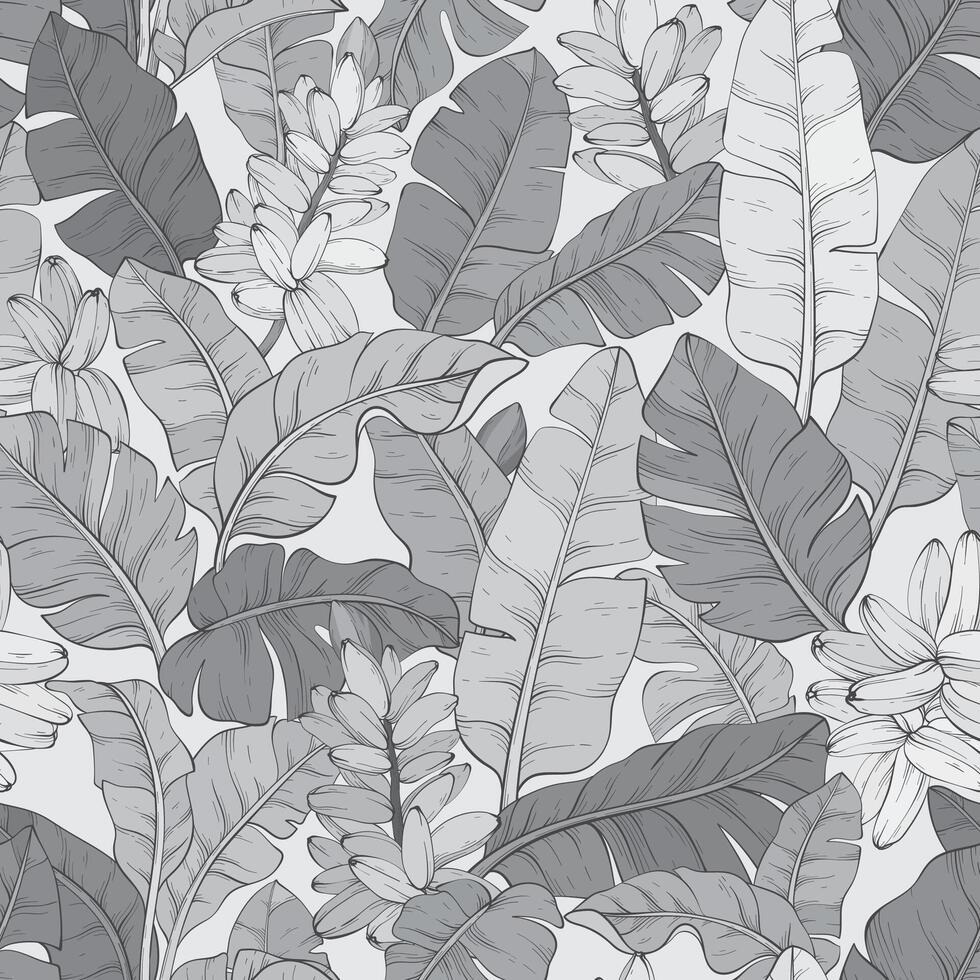 Tropical monochrome banana palm leaves on black background, seamless pattern. Exotic wallpaper vector