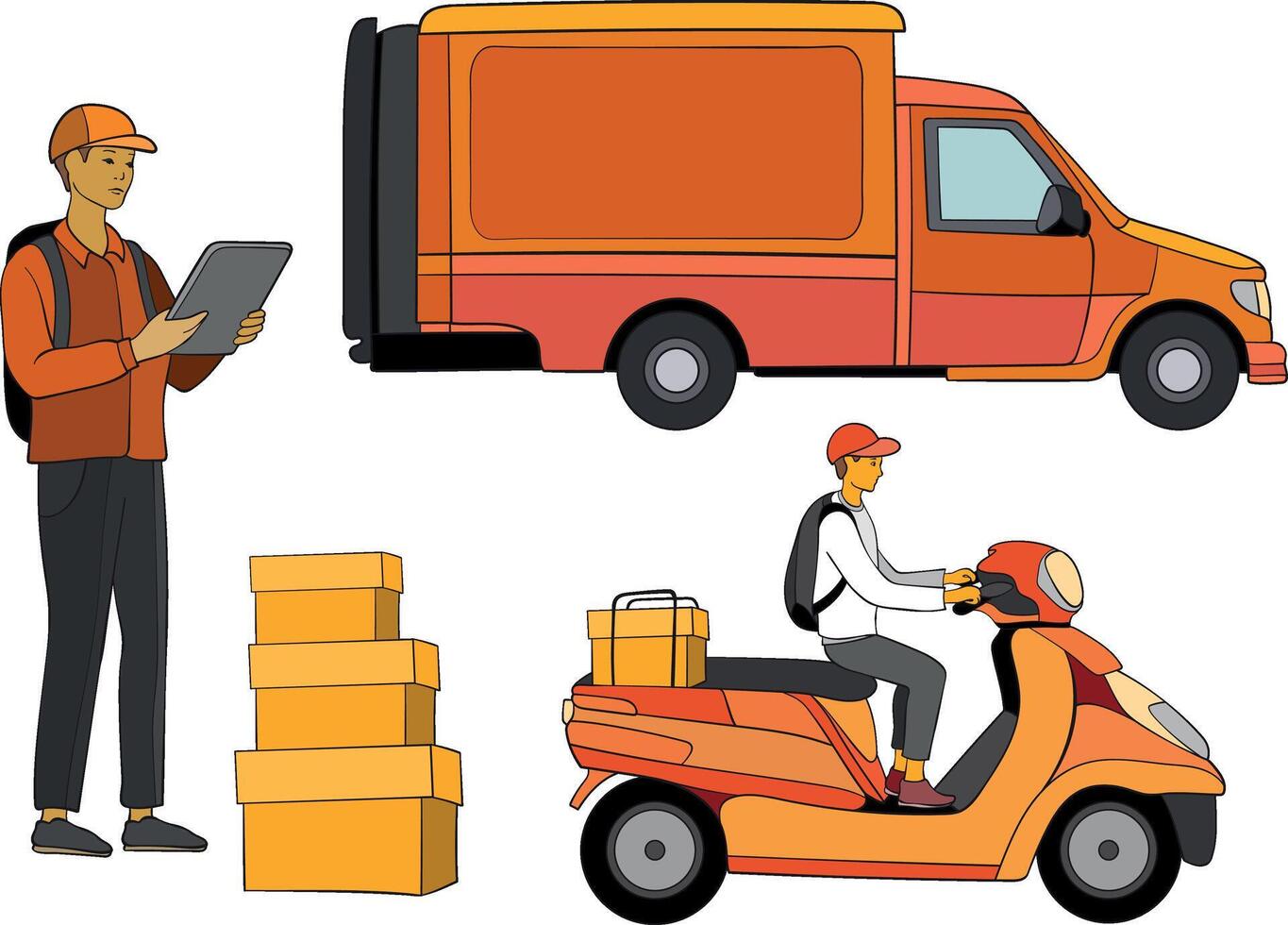 Online delivery service set, online order tracking, delivery home and office elements. Truck, scooter and courier, delivery man. vector