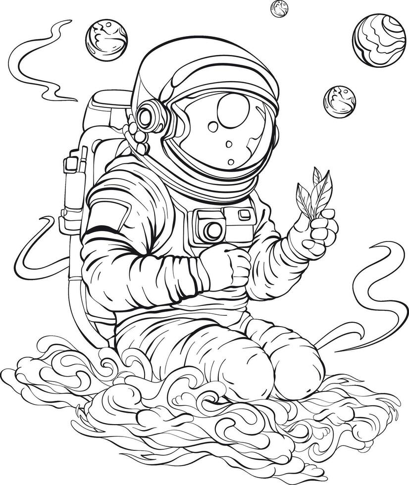 Outline astronaut holding a plant in his hand against the backdrop of the planet, star clouds, space vector