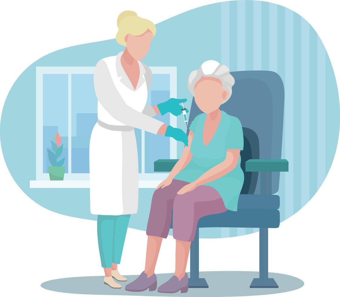 Vaccination of the elderly. Senior woman and a doctor with a syringe. illustration in flat simple art style vector
