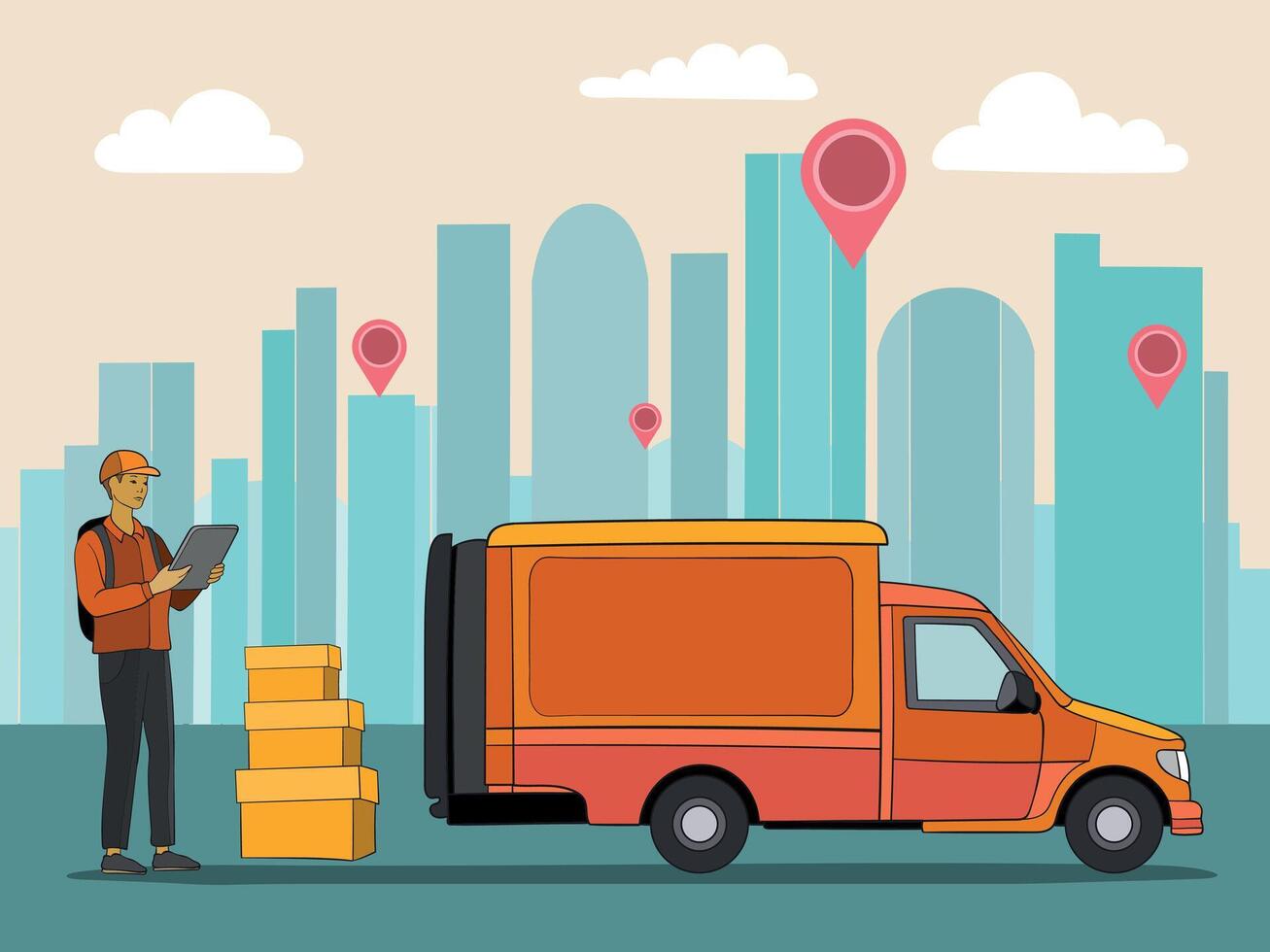 Fast and free delivery by Truck, courier, delivery man in the city. Goods delivery service. vector