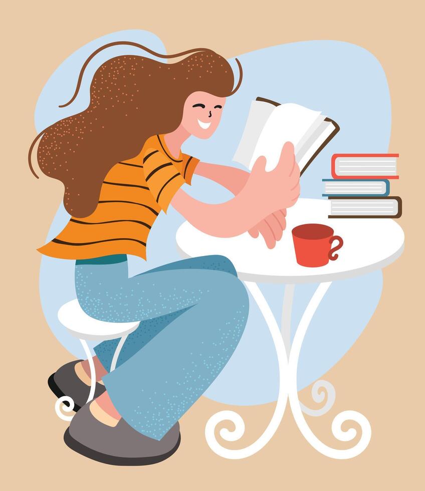 Contemporary female student in casual clothes sitting at cafe table and reading book while doing homework in cafeteria vector