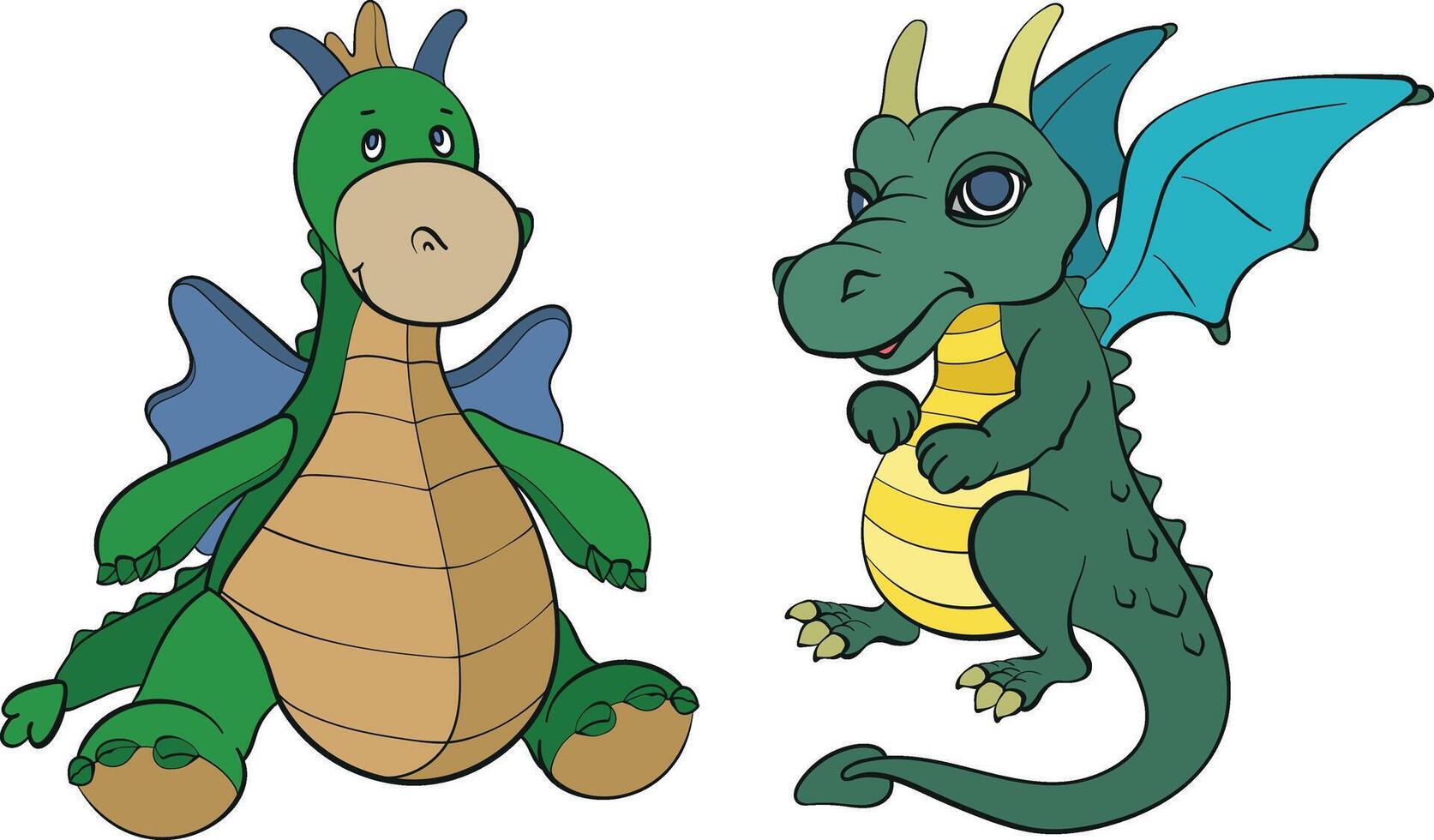 Two dragons set. Funny fantasy characters, isolated on white background. vector