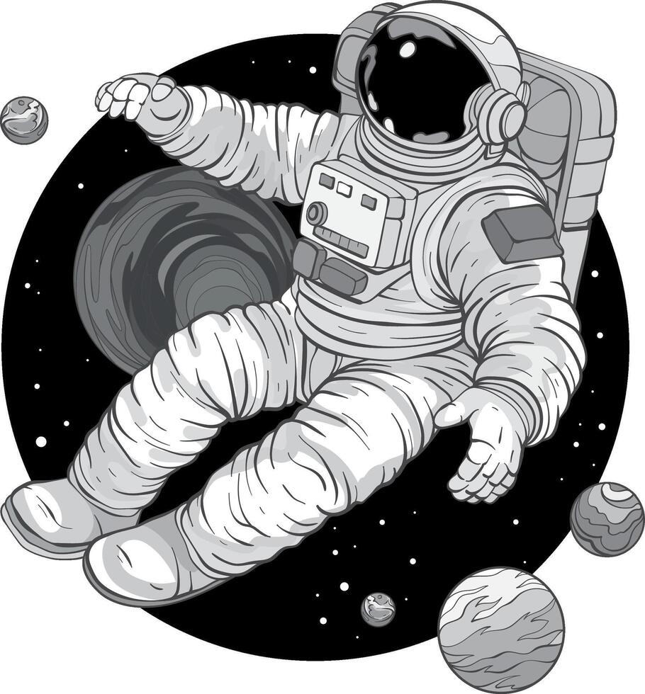 Astronaut in a space suit is flying against space next to planets and stars. monochrome illustration vector