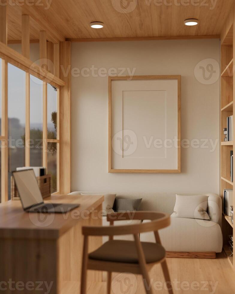 A minimal wood picture frame mockup on a white wall in a modern cosy, Scandinavian room. photo