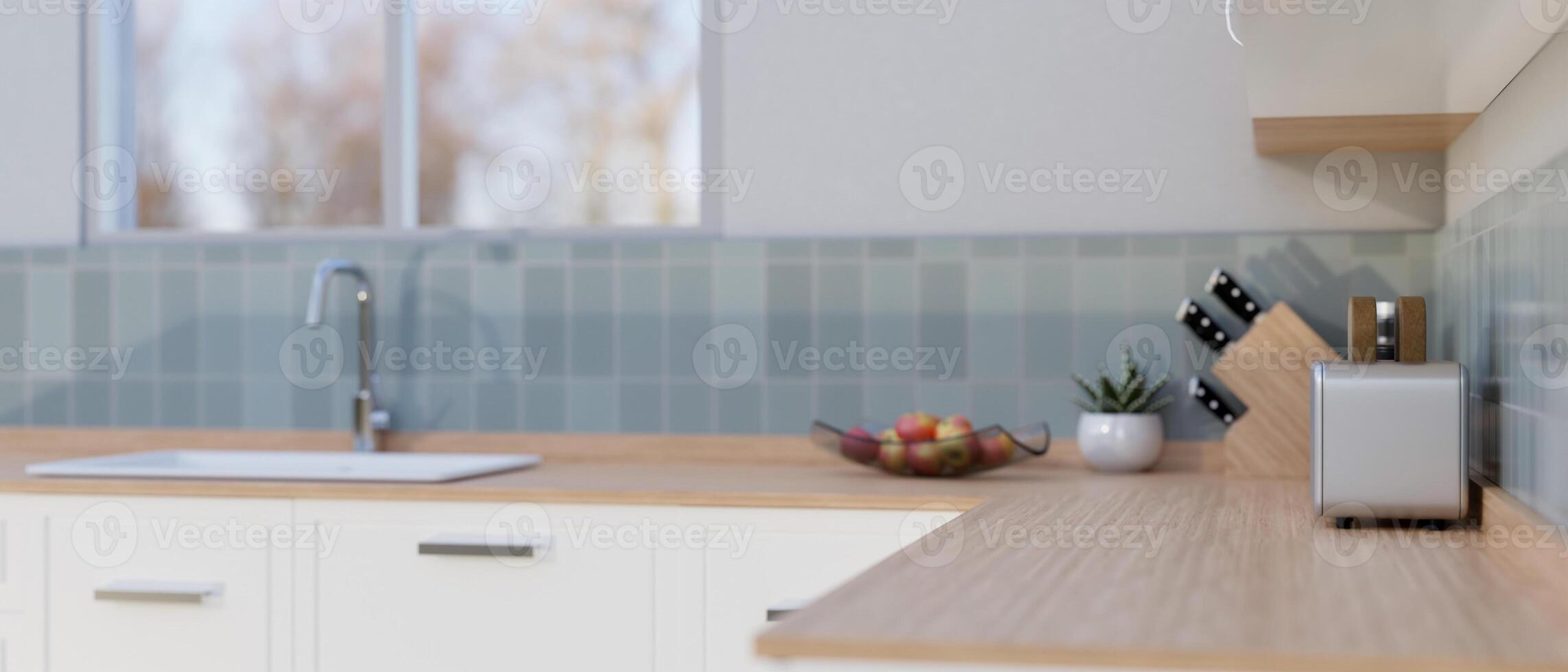 Empty space on a wooden kitchen countertop with kitchen appliances and sink in a modern kitchen. photo