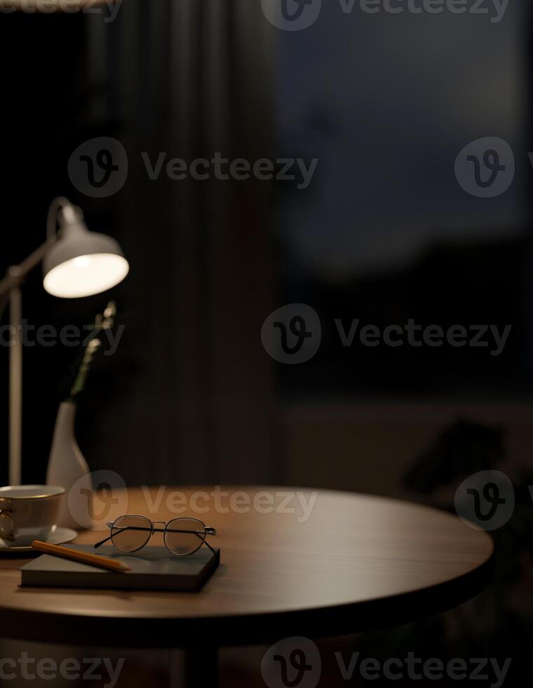 A close-up image of a round wooden tabletop featuring objects in a dark room at night. photo