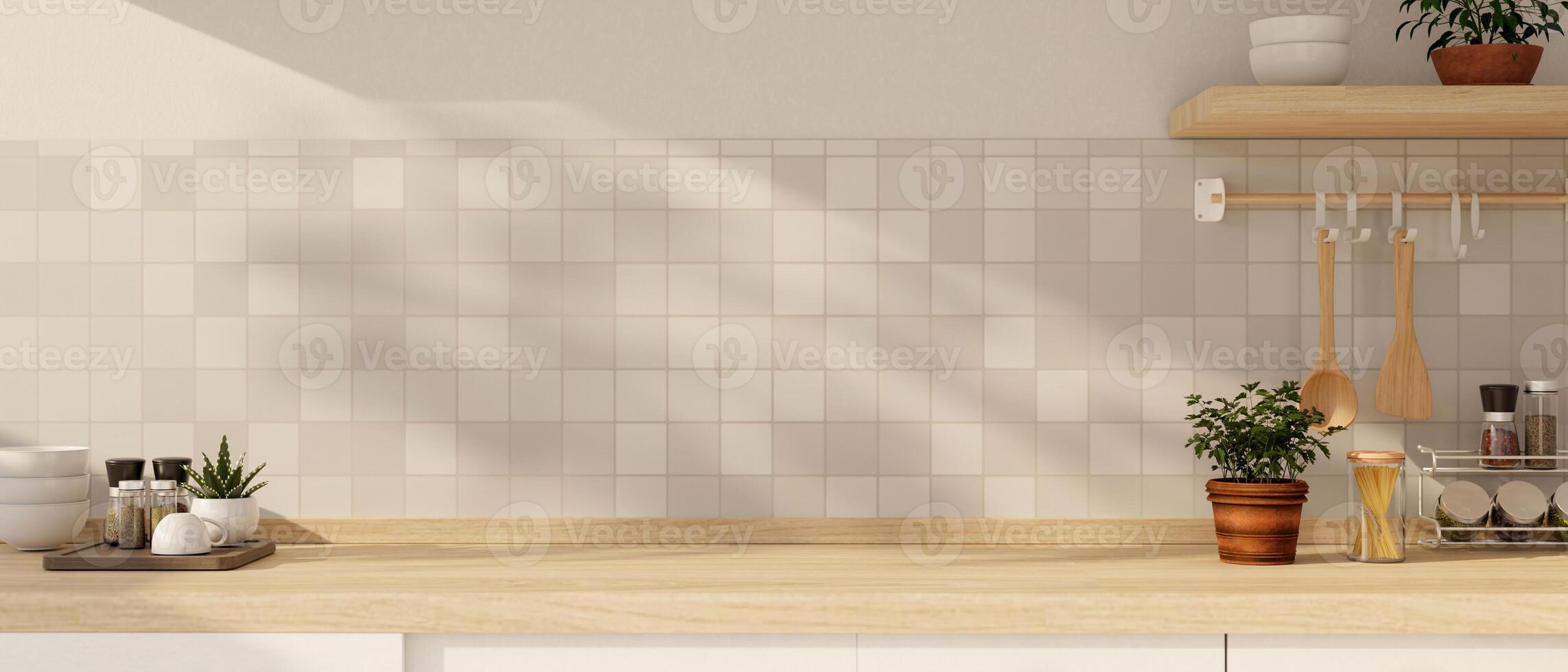 Copy space for displaying your product on a wooden kitchen countertop against the white tiles wall. photo