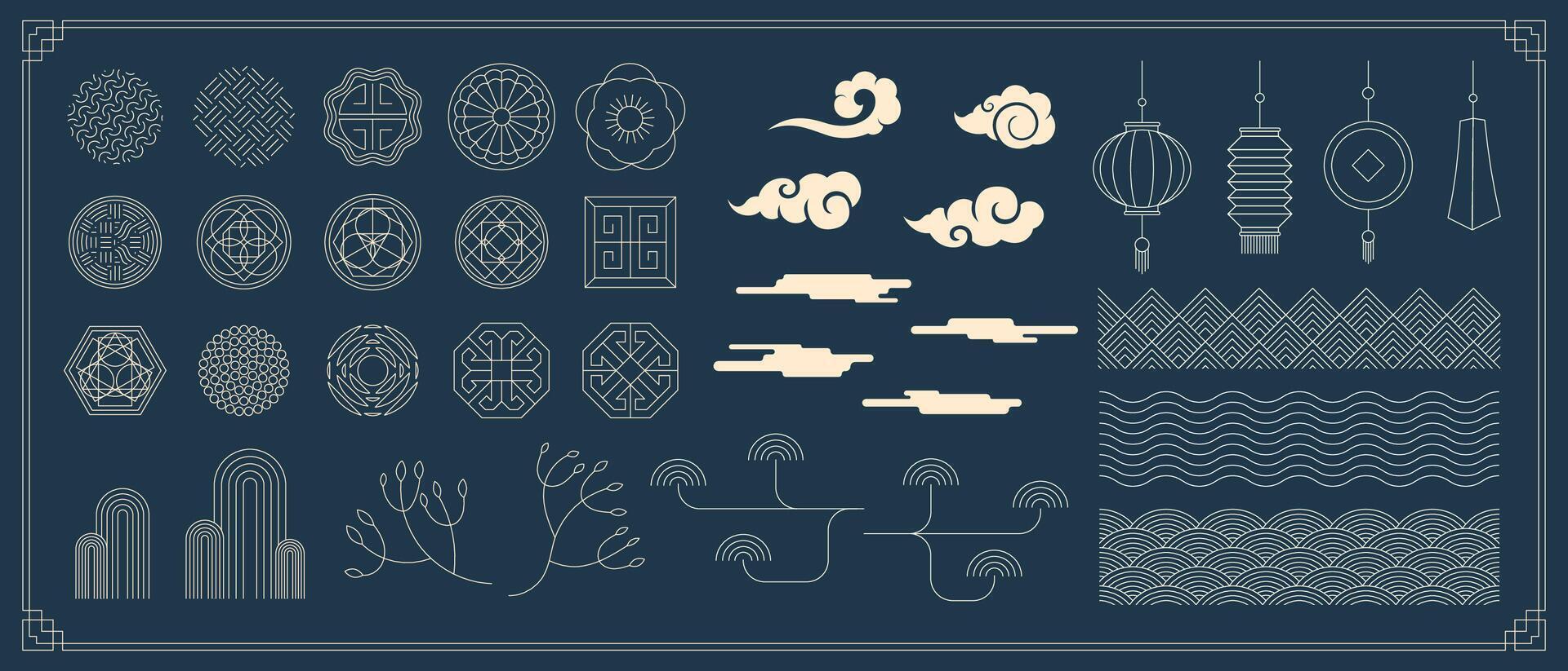 Chinese traditional banner decoration element set. Korean and Japanese decorative pattern and lantern. Asian moon flower and cloud. Oriental style folk ornament collection concept for holiday poster vector