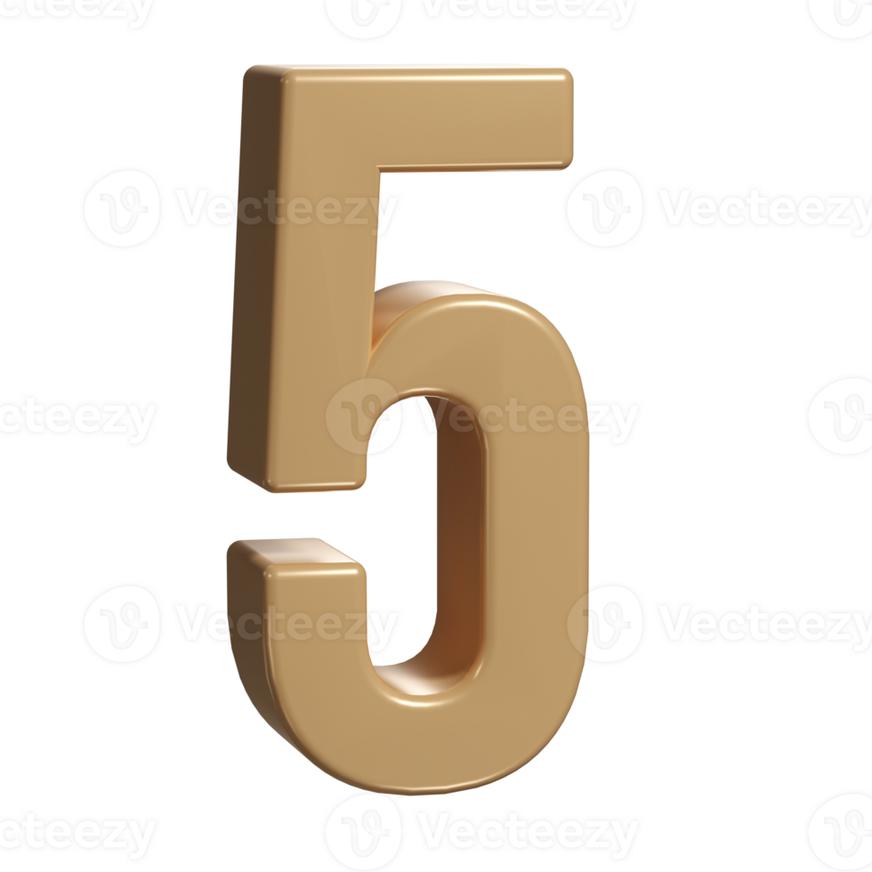 3d number five 5 golden or bronze shining typography symbol or sign template, realistic illustration. Gold fifth digit or figure for numbering png