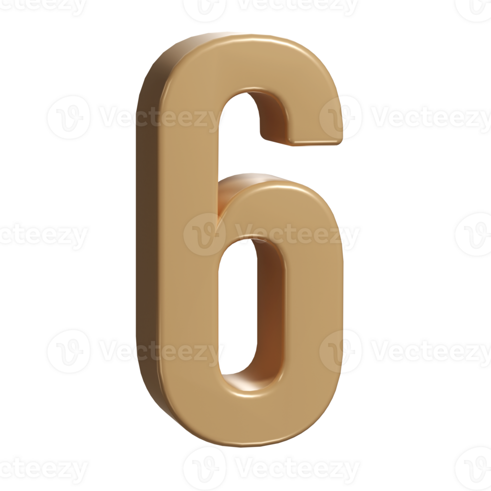 3d number six 6 golden or bronze shining typography symbol or sign template, realistic illustration. Gold sixth digit or figure for numbering png