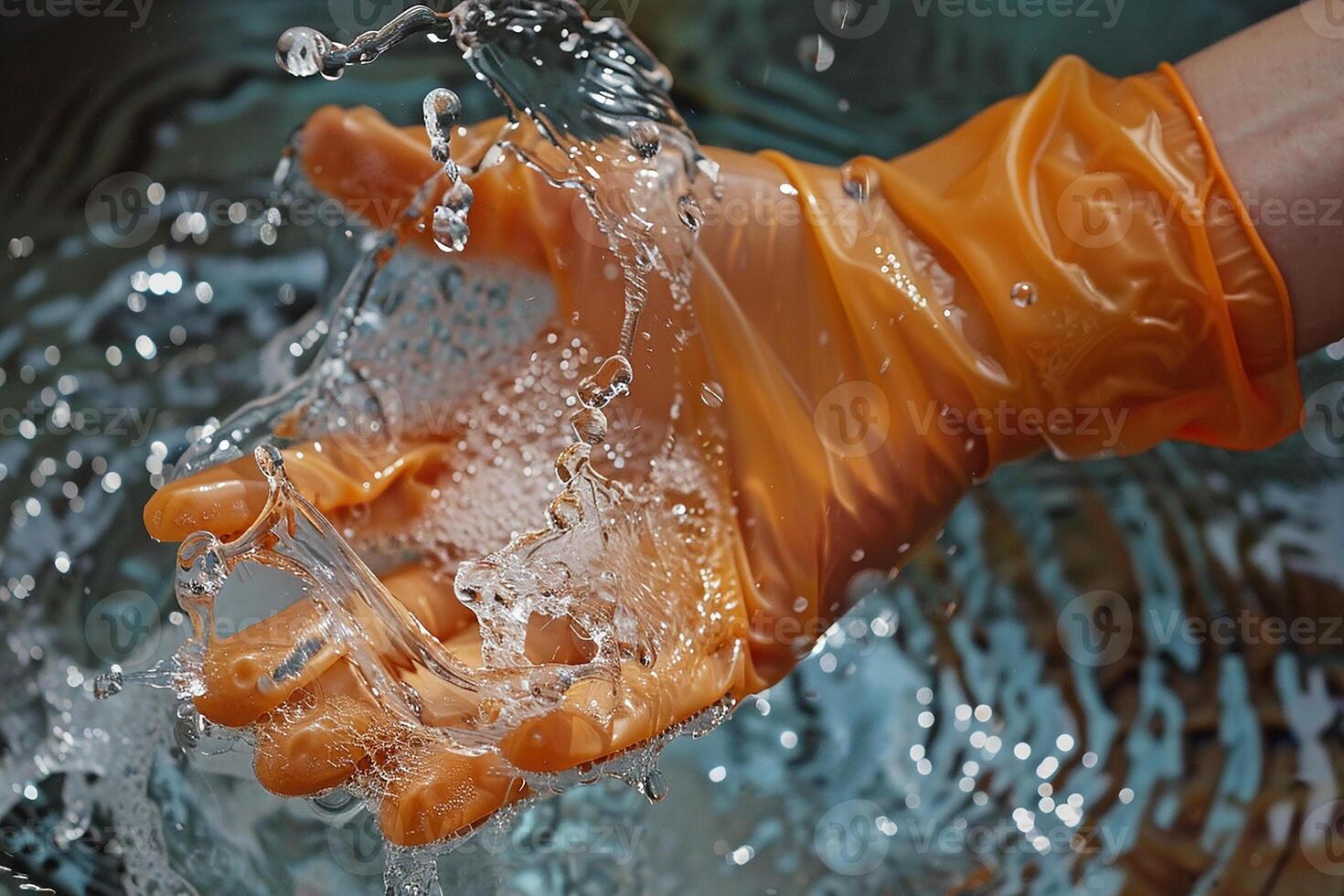 Hands in yellow rubber kitchen gloves with splashes of water photo