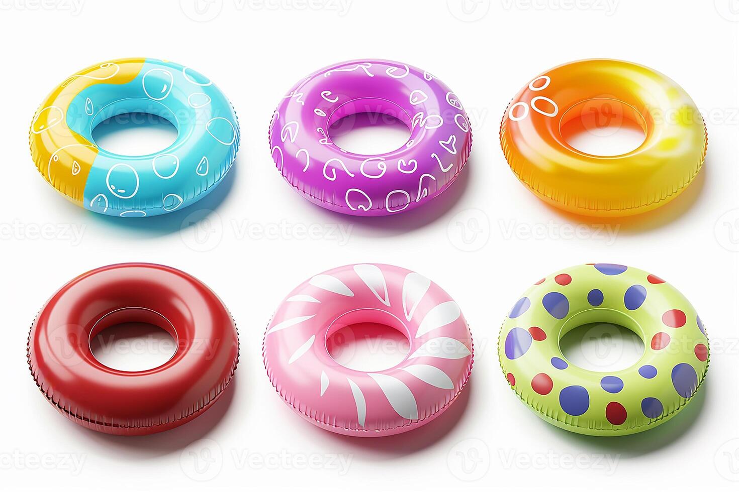 A set of multi-colored rubber inflatable circles for riding in a water park on a water slide photo
