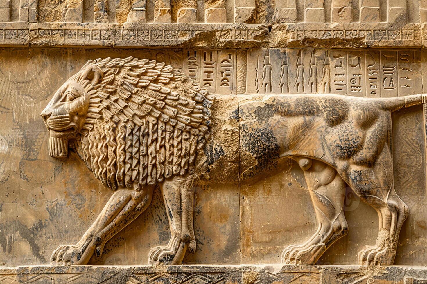 Ancient cuneiform Sumerian text and relief of a lion, a mythical Assyrian deity. Historical background on the theme of civilizations of Assyria, Mesopotamia, Babylon, interfluve, Sumerian photo