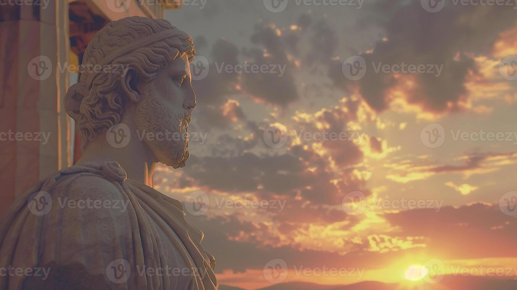 Ancient Greek philosopher, statue of Socrates at sunset. photo