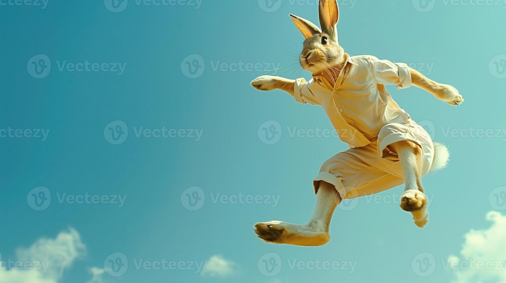 Cute hare in yellow shirt and light pants on the background of blue sky He jumps very high For advertising, web, internet, promotion, business Free space for text Generated AI photo