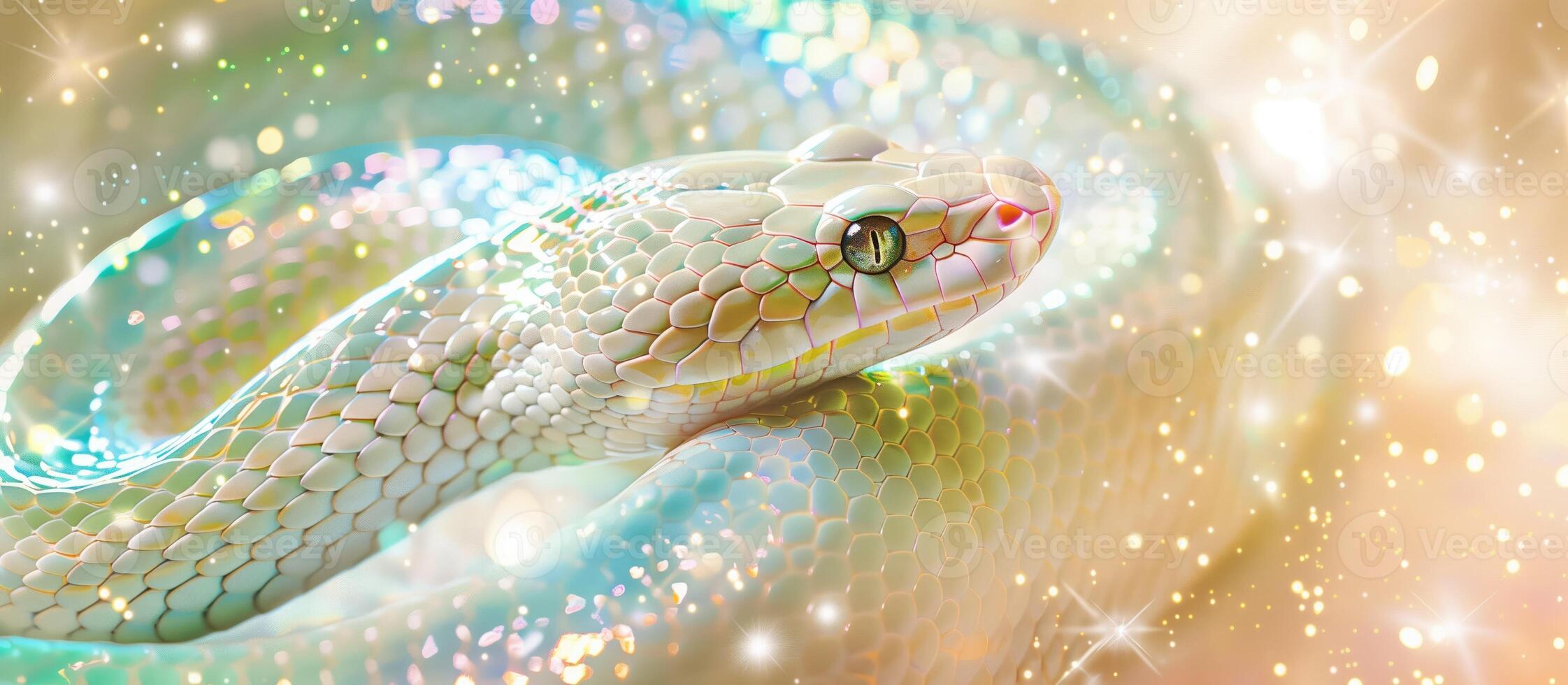 Snake 2025 is the symbol of the coming new year. Beautiful albino .Gorgeous spectacular shiny shiny snake. Dreamy and pensive beautiful symbol of the coming new year Greeting holiday ai generate photo
