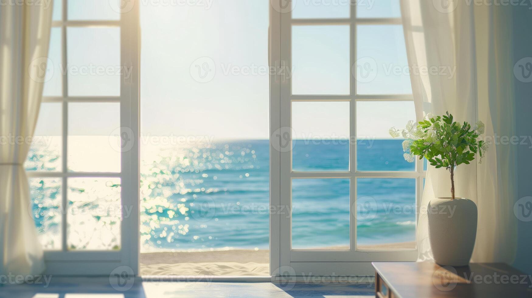 Large open panoramic floor-to-ceiling windows in the hotel apartments on the beach, ocean. Rays of the sun touch the water Picturesque view of the sea, ocean AI-Generated photo