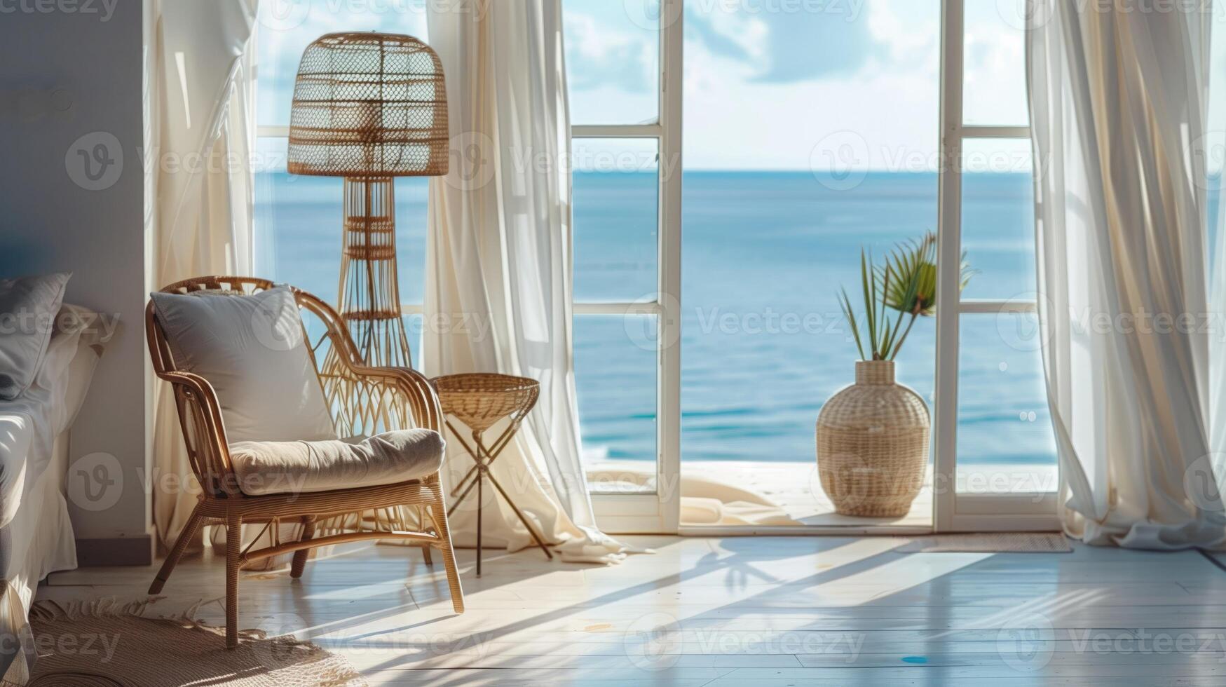 AI-Generated Luxury hotel room.Large open panoramic windows from in the hotel apartments to the sea, ocean. Wicker armchair, floor lamp.Mediterranean photo