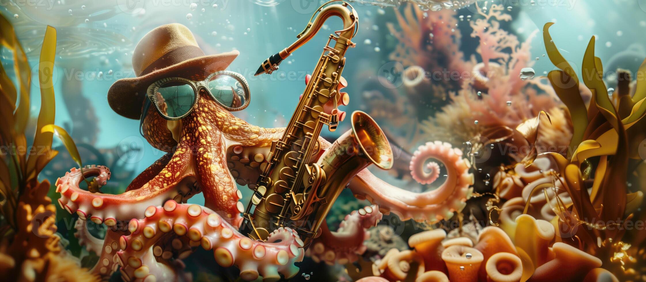 Octopus - musician in sunglasses and hat plays saxophone Underwater world with algae and coral Octopus and jazz art AI-Generated photo