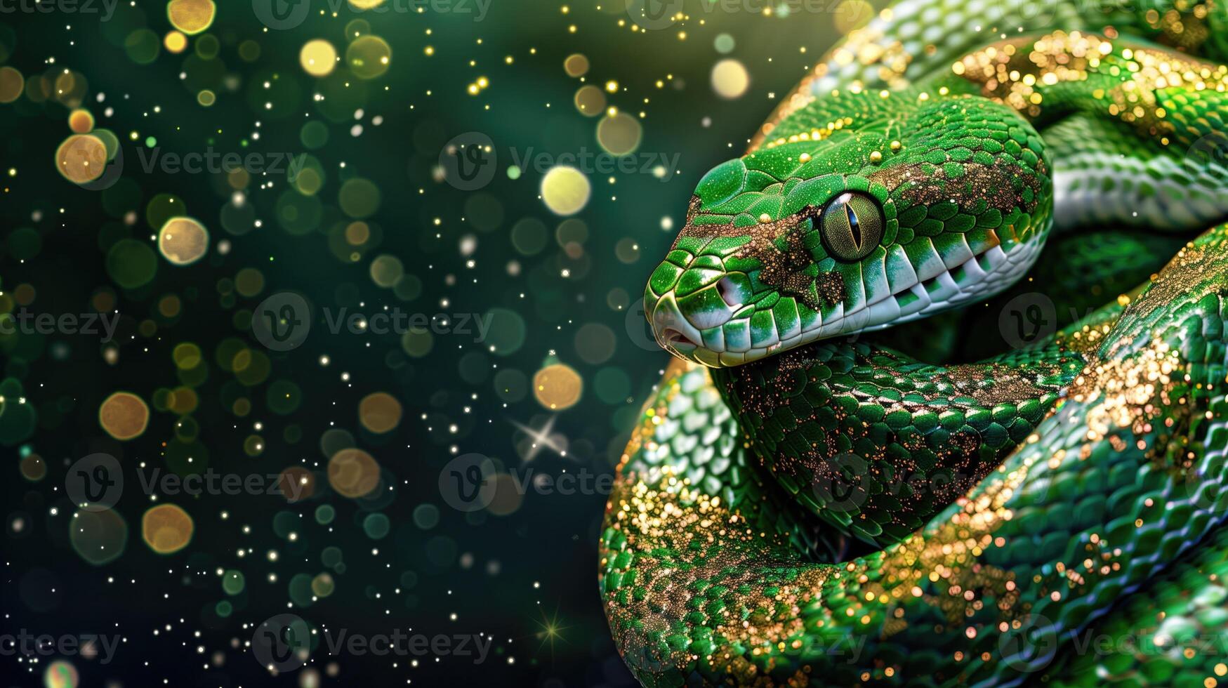 Snake 2025 Green snake is the symbol of the year 2025. Gorgeous wise wise shiny snake. Dreamy and pensive beautiful symbol of the coming new year Greeting holiday template ai generate photo