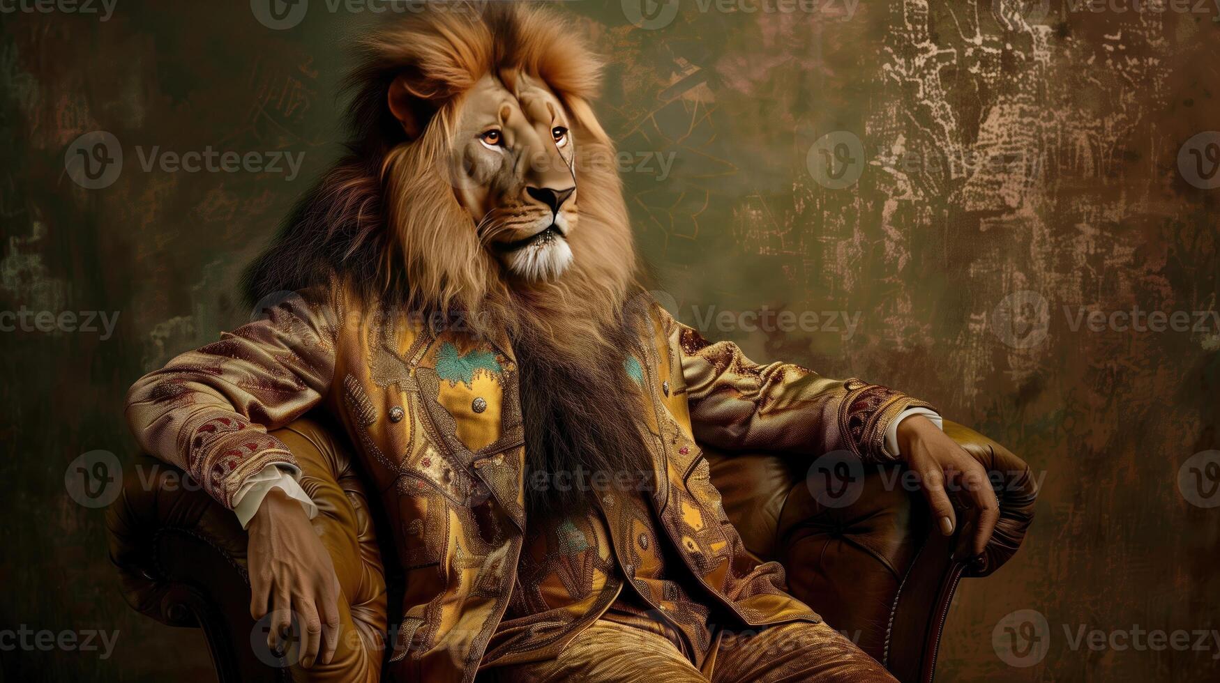 Magnificent lion in a suit sits in an English chair on the background of an aged wall Template for advertising free space under the text AI-Generated photo