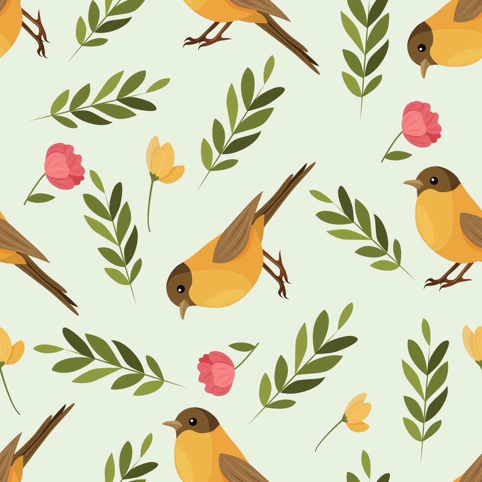 Cute seamless pattern with birds, green branches and flowers. For wrapping paper, children's clothes, bed linen. vector