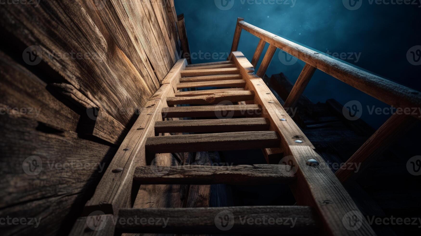 Steep wooden staircase leads into the unknown with a sense of mystery and limitless possibilities. photo