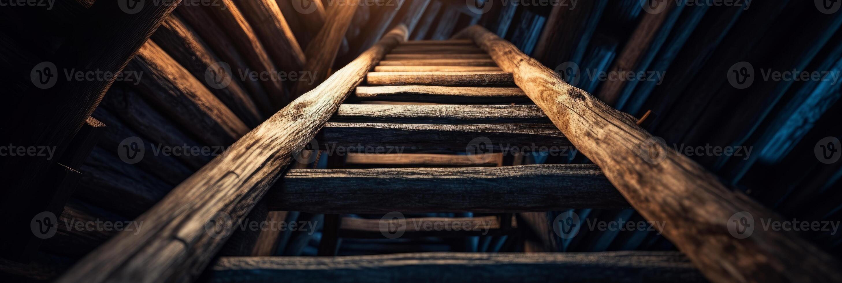 Steep wooden staircase leads into the unknown with a sense of mystery and limitless possibilities. photo