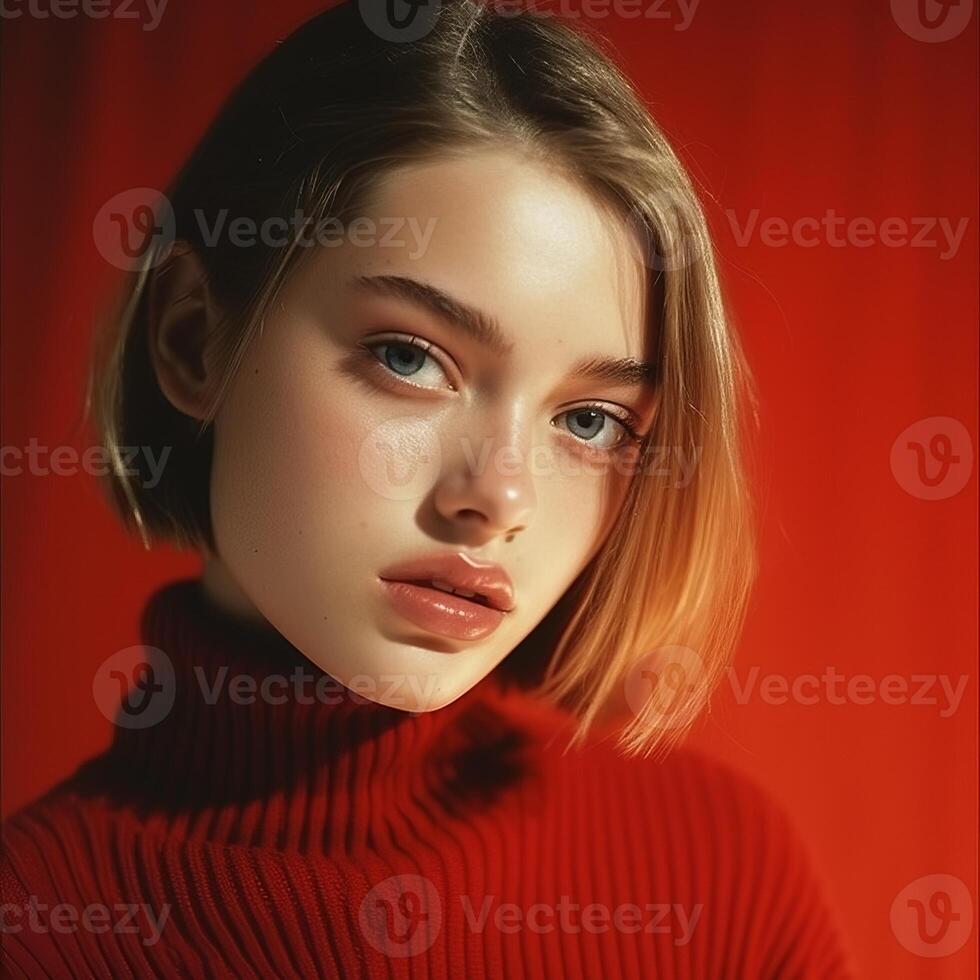 Beautiful girl on a red background. The girl in red. . photo